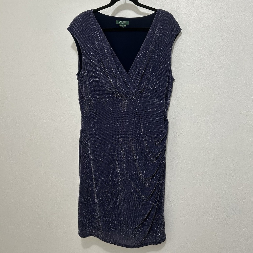 Lauren Rqlph Lauren Shimmer Sleeveless Navy Blue Stretch‎ Slinky Lined Dress 16W